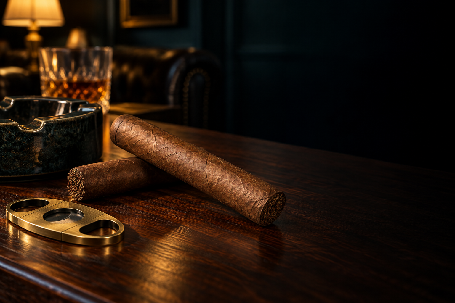 Unlit cigars with a brass cutter on a dark wood table